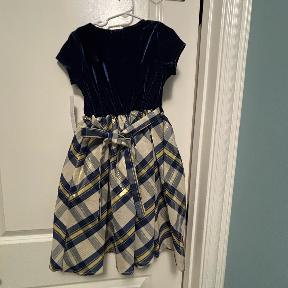 Girl Navy/Midnight Blue Velvet & Plaid Holiday Dress – Size 7